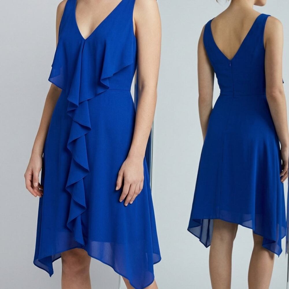 BCBG Maxazria Royal Blue Size 2 Dress V Neck Sleeveless Back Zip Ruffle